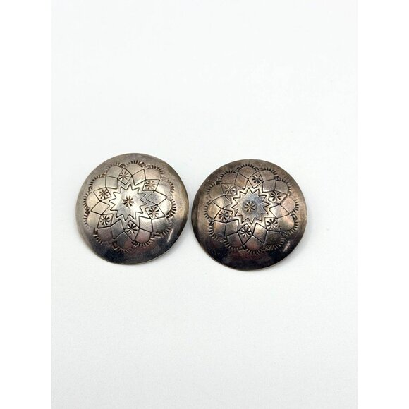 Sterling Jewelry - Vintage Navajo Native Sterling Silver Clip-On Earrings Intricate Stamped Floral